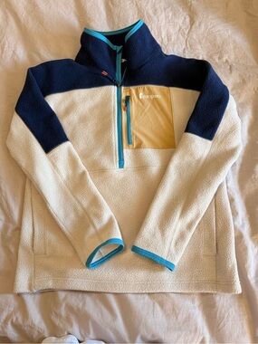 cotopaxi Beige Fleece Zip Pullover with Navy Shoulders and Mustard Chest Pocket